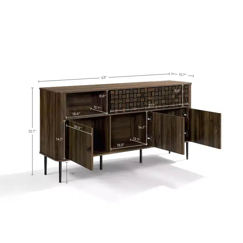 Bahut en bois manufacturé chêne foncé avec tissage à chevrons, 3 portes battantes et 2 portes coulissantes