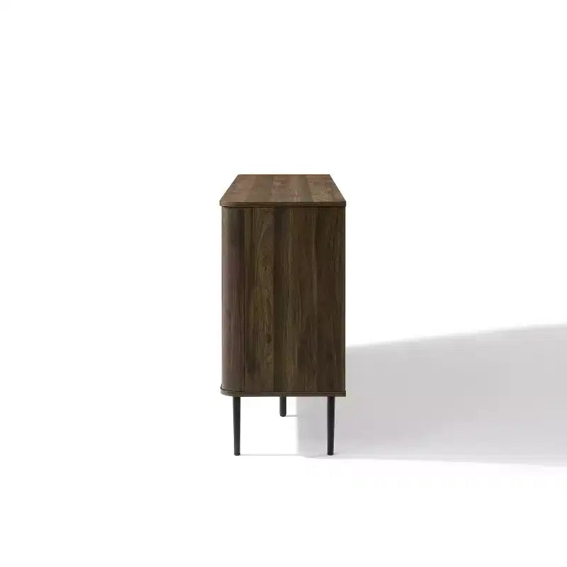 Bahut en bois manufacturé chêne foncé avec tissage à chevrons, 3 portes battantes et 2 portes coulissantes