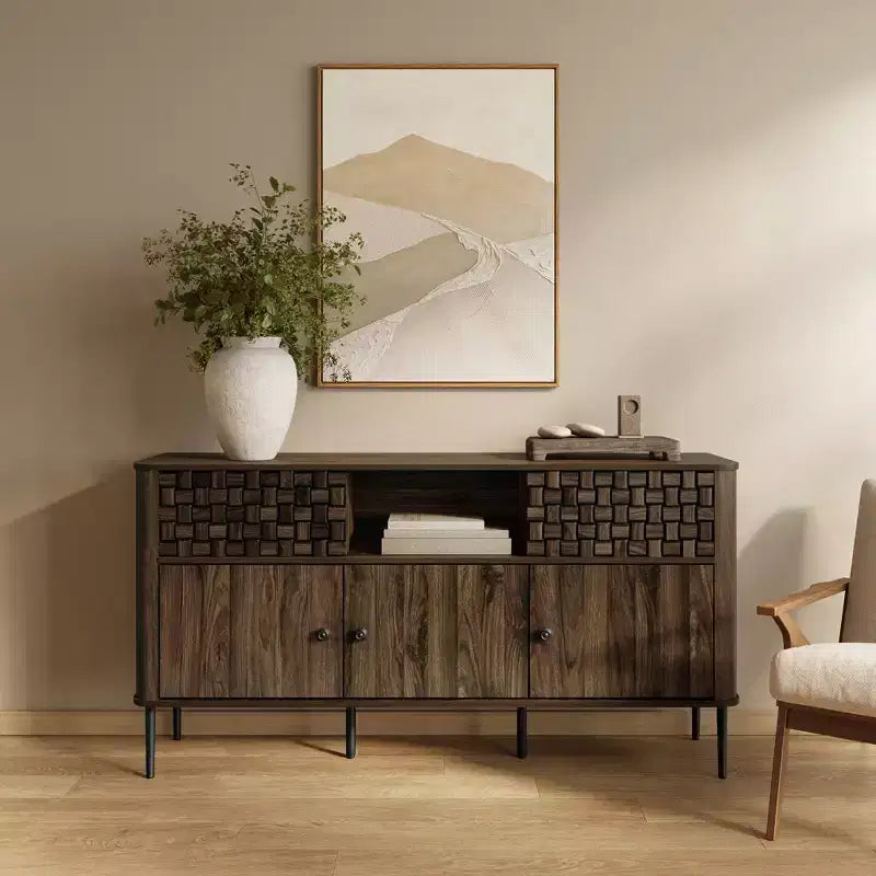 Bahut en bois manufacturé chêne foncé avec tissage à chevrons, 3 portes battantes et 2 portes coulissantes