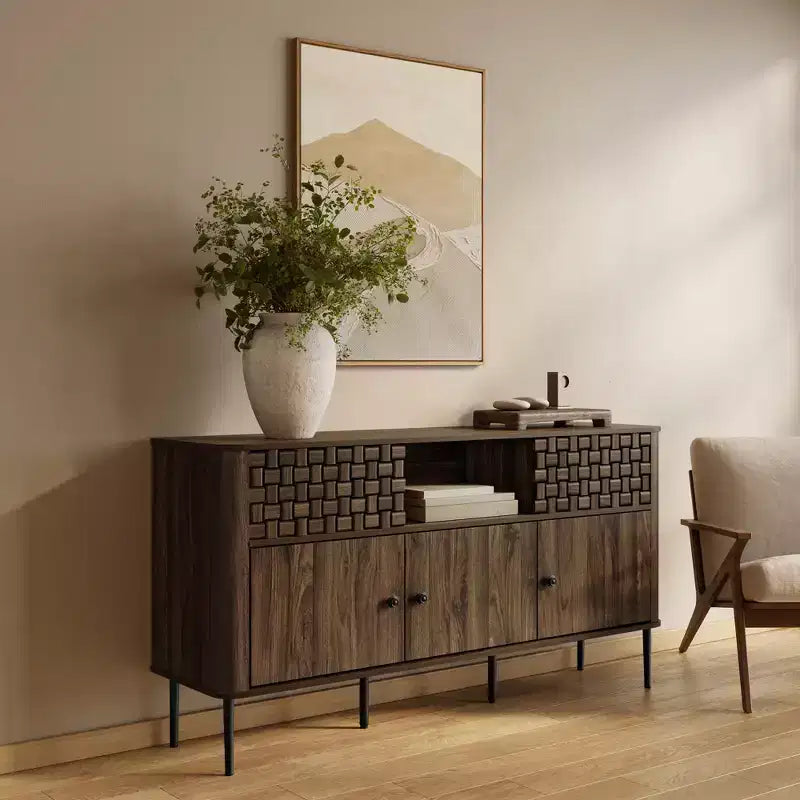 Bahut en bois manufacturé chêne foncé avec tissage à chevrons, 3 portes battantes et 2 portes coulissantes
