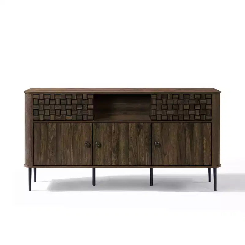 Bahut en bois manufacturé chêne foncé avec tissage à chevrons, 3 portes battantes et 2 portes coulissantes