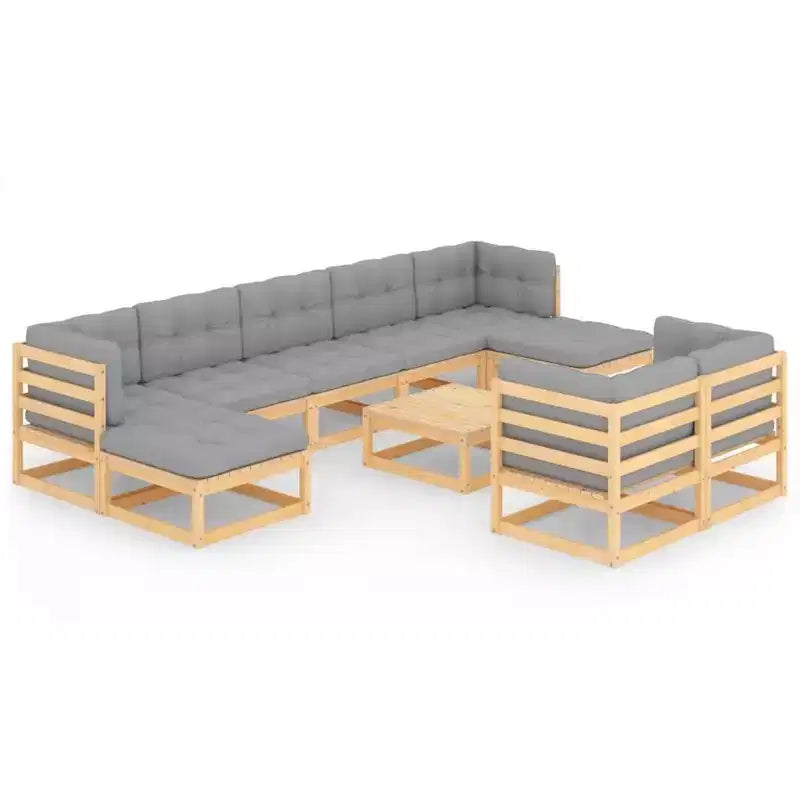 vidaXL Patio Furniture Set 10 Piece Outdoor Sectional Sofa Solid Wood Pine - Natural With Cushions