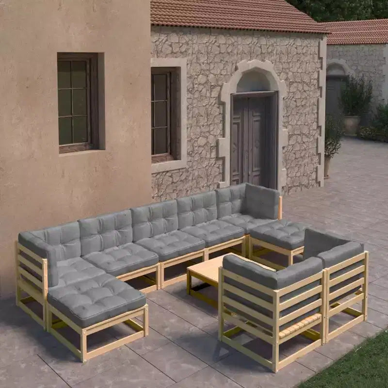 vidaXL Salon de jardin 10 pièces Canapé sectionnel extérieur Bois de pin massif - Naturel avec coussins