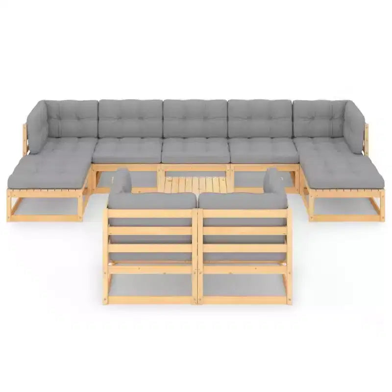 vidaXL Salon de jardin 10 pièces Canapé sectionnel extérieur Bois de pin massif - Naturel avec coussins