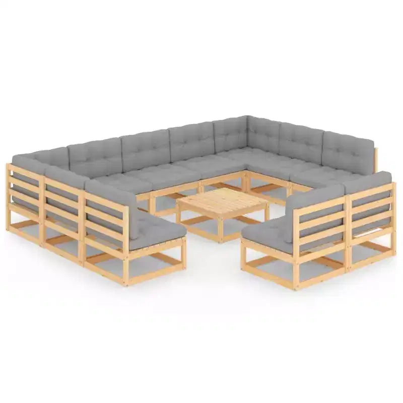 vidaXL Patio Furniture Set 12 Piece Outdoor Sectional Sofa Solid Wood Pine - Natural With Cushions