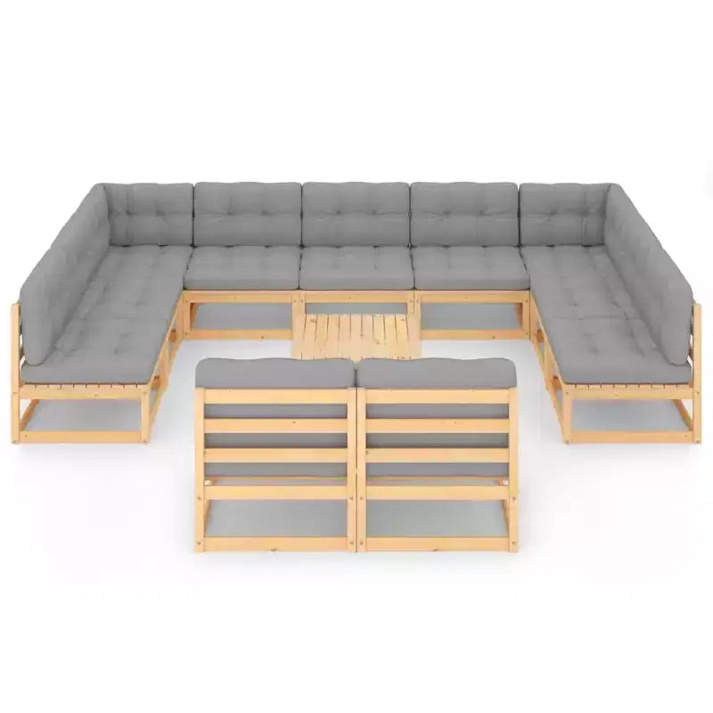 vidaXL Salon de jardin 12 pièces Extérieur Canapé sectionnel Bois de pin massif - Naturel avec coussins