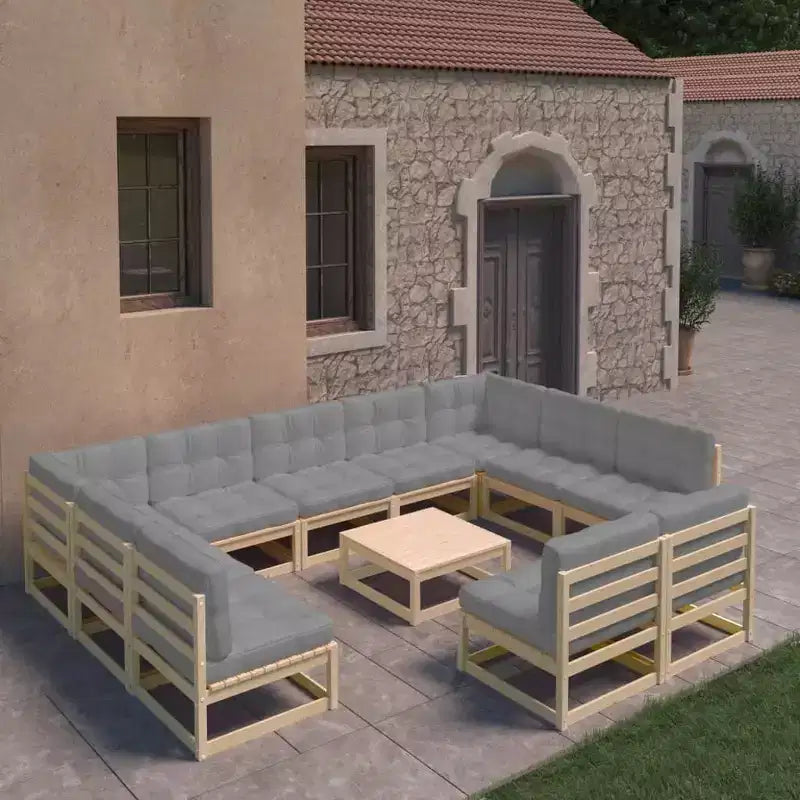 vidaXL Salon de jardin 12 pièces Extérieur Canapé sectionnel Bois de pin massif - Naturel avec coussins