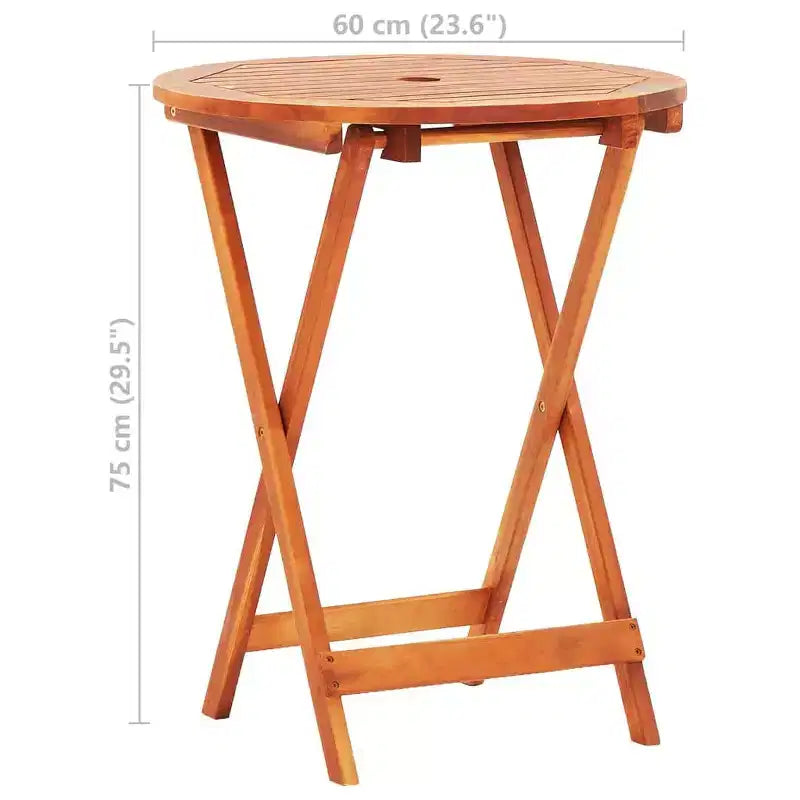 vidaXL Ensemble de salle à manger d'extérieur avec table et chaises pliantes, 3 pièces, bois d'eucalyptus massif, table ronde avec trou pour parasol, design rustique