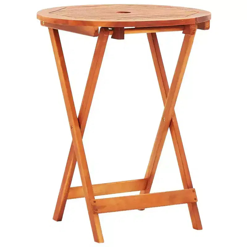 vidaXL Ensemble de salle à manger d'extérieur avec table et chaises pliantes, 3 pièces, bois d'eucalyptus massif, table ronde avec trou pour parasol, design rustique