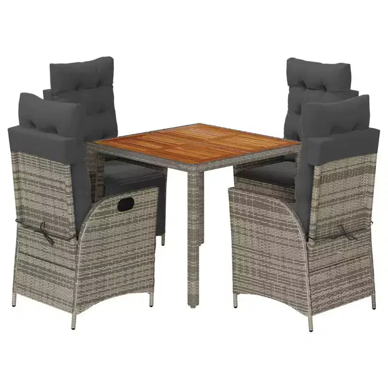 vidaXL 5 Piece Patio Dining Set with Cushions - Adjustable Reclining Chairs & Acacia Wood Table - Gray PE Rattan for Garden, Patio, Backyard