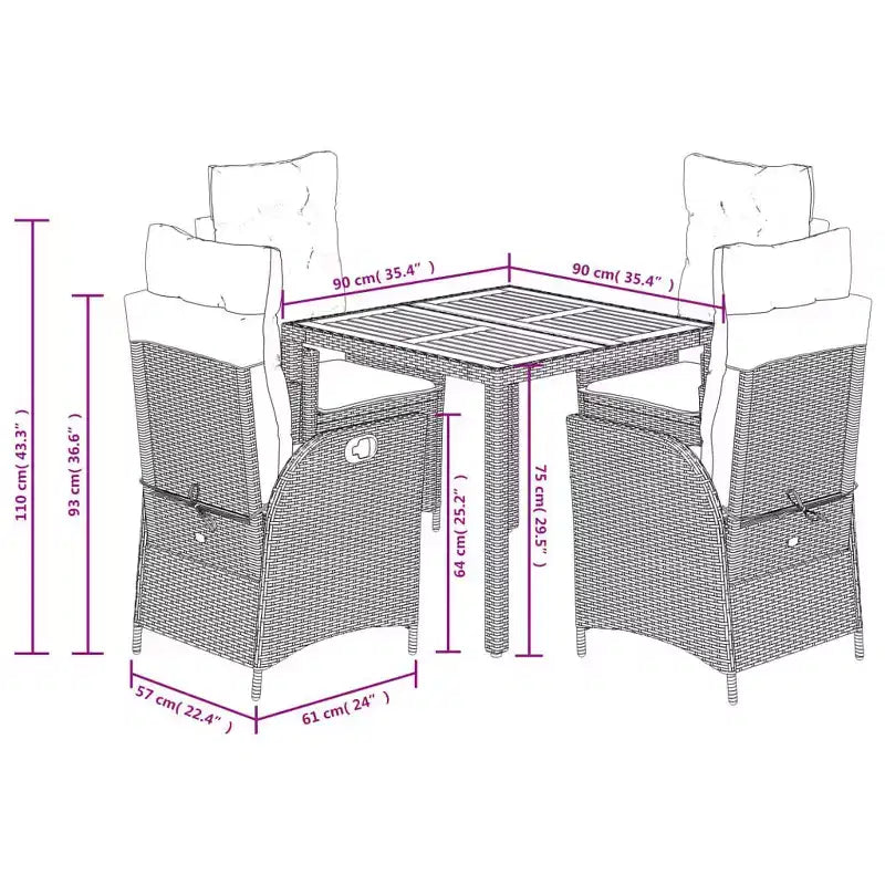vidaXL Ensemble de salle à manger 5 pièces avec coussins - Chaises inclinables réglables et table en bois d'acacia - Résine tressée gris pour jardin, patio, arrière-cour