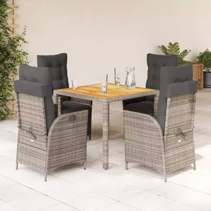 vidaXL Ensemble de salle à manger 5 pièces avec coussins - Chaises inclinables réglables et table en bois d'acacia - Résine tressée gris pour jardin, patio, arrière-cour