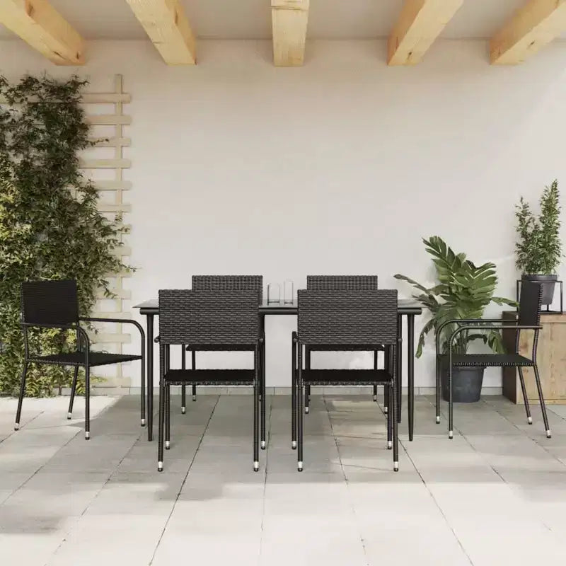 vidaXL Salon de jardin noir en résine tressée, acier et verre trempé - 63 Table longueur 6 articles