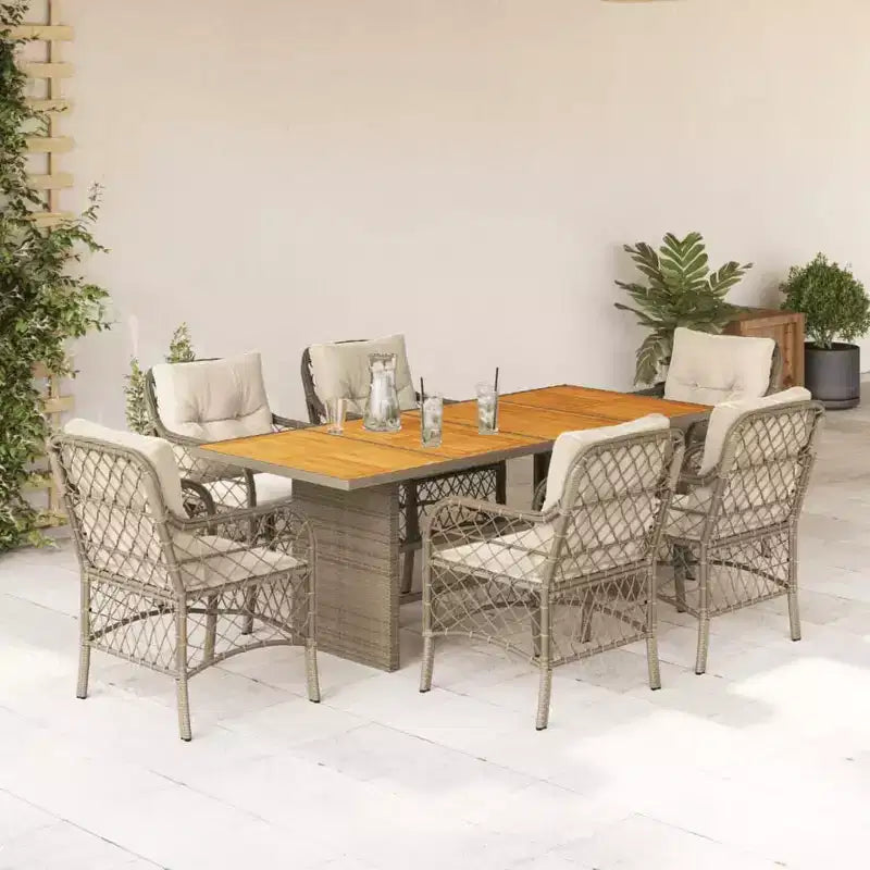 vidaXL Ensemble de salle à manger d'extérieur 7 pièces avec coussins en résine tressée beige - Table en bois d'acacia, sièges rembourrés pour jardin, terrasse, arrière-cour