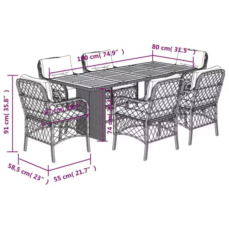 vidaXL Ensemble de salle à manger d'extérieur 7 pièces avec coussins en résine tressée beige - Table en bois d'acacia, sièges rembourrés pour jardin, terrasse, arrière-cour