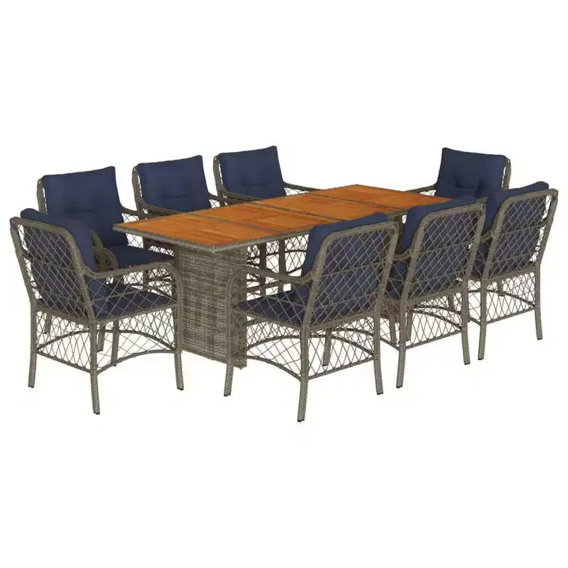 vidaXL 9-Piece Outdoor Patio Dining Set in Gray with Navy Cushions, PE Rattan and Acacia Table Top, Weather-Resistant Garden and Deck Furniture