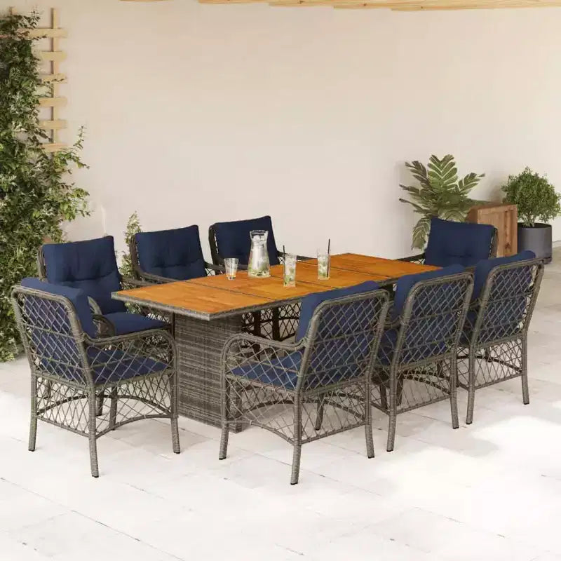 vidaXL Salon de jardin 9 pièces, en résine tressée gris avec coussins bleu marine, plateau de table en acacia, pour patio, jardin et terrasse, résistant aux intempéries