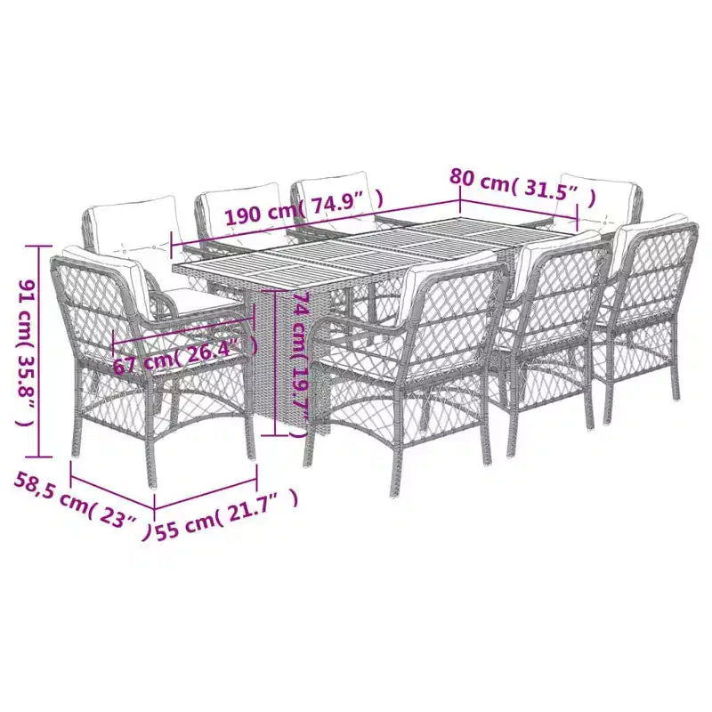 vidaXL Salon de jardin 9 pièces, en résine tressée gris avec coussins bleu marine, plateau de table en acacia, pour patio, jardin et terrasse, résistant aux intempéries