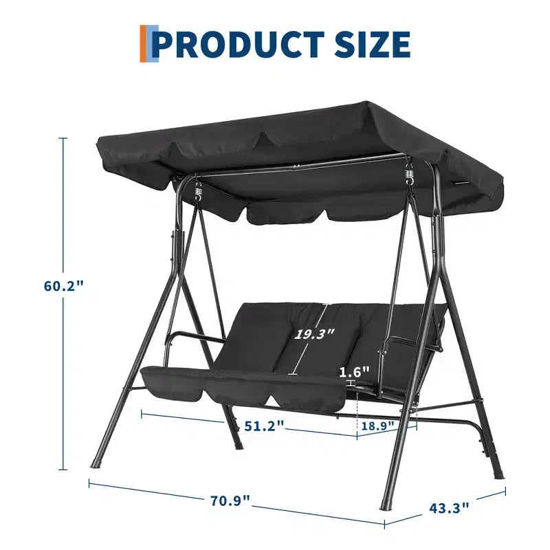 3 Seater Patio Swing Chair - Breathable Fabric Seat and Back, Adjustable Canopy and Armrests, Outdoor Porch Hanging for Patio, Backyard
