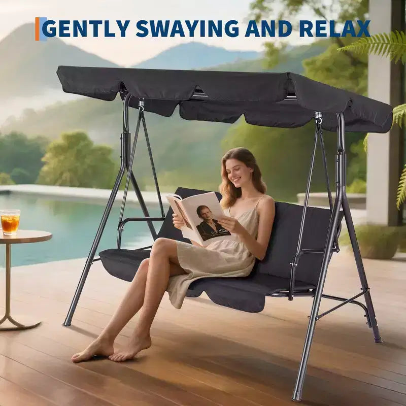 3 Seater Patio Swing Chair - Breathable Fabric Seat and Back, Adjustable Canopy and Armrests, Outdoor Porch Hanging for Patio, Backyard