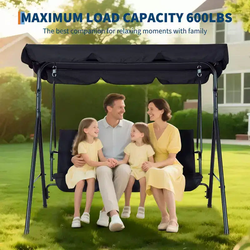 3 Seater Patio Swing Chair - Breathable Fabric Seat and Back, Adjustable Canopy and Armrests, Outdoor Porch Hanging for Patio, Backyard