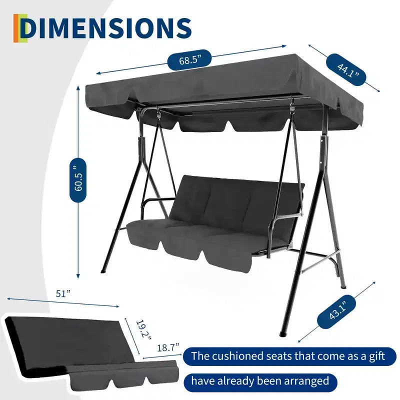 3 Seater Patio Swing Chair - Breathable Fabric Seat and Back, Adjustable Canopy and Armrests, Outdoor Porch Hanging for Patio, Backyard