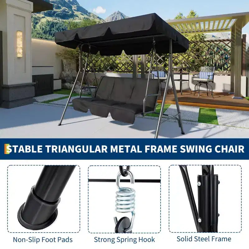 3 Seater Patio Swing Chair - Breathable Fabric Seat and Back, Adjustable Canopy and Armrests, Outdoor Porch Hanging for Patio, Backyard