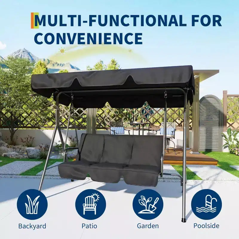 3 Seater Patio Swing Chair - Breathable Fabric Seat and Back, Adjustable Canopy and Armrests, Outdoor Porch Hanging for Patio, Backyard