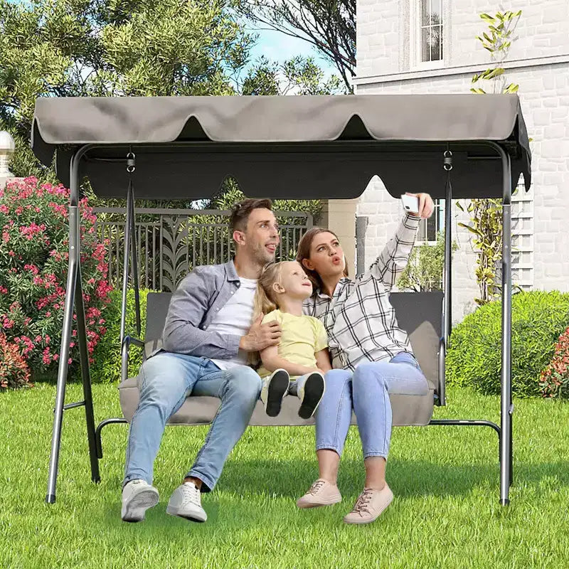 3 Seater Patio Swing Chair - Breathable Fabric Seat and Back, Adjustable Canopy and Armrests, Outdoor Porch Hanging for Patio, Backyard