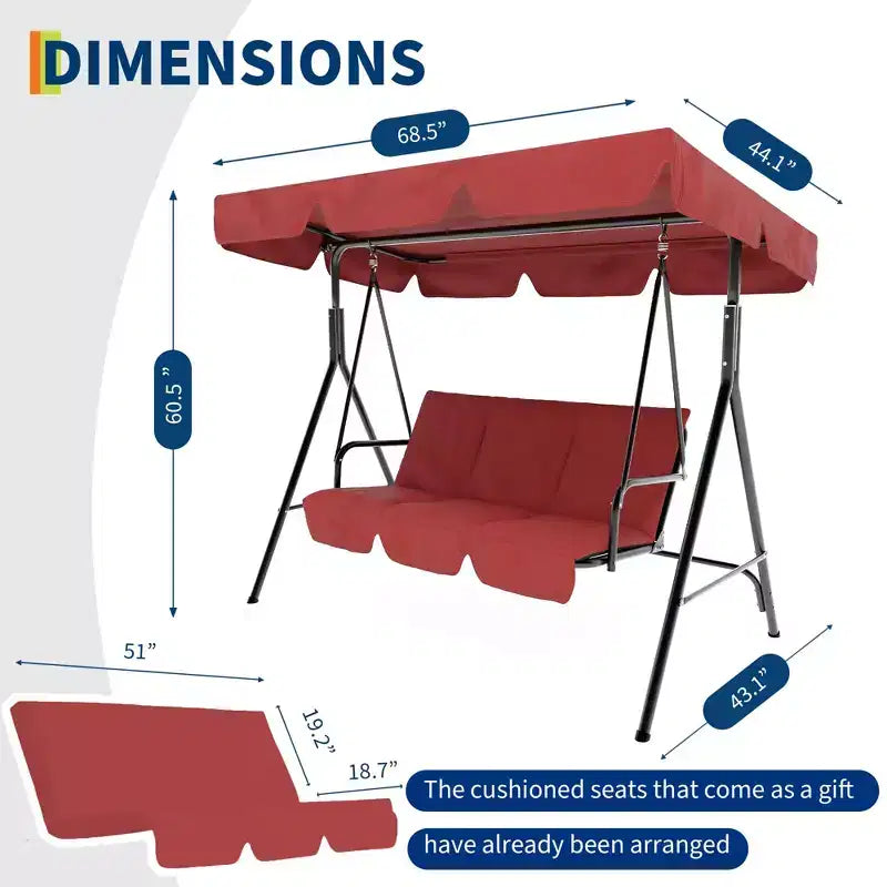 3 Seater Patio Swing Chair - Breathable Fabric Seat and Back, Adjustable Canopy and Armrests, Outdoor Porch Hanging for Patio, Backyard