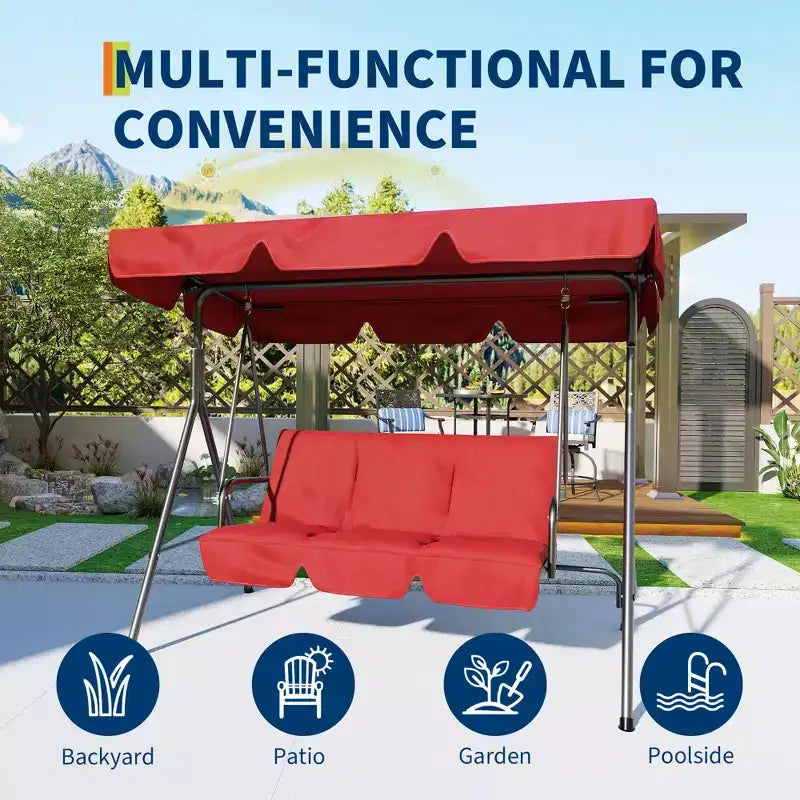 3 Seater Patio Swing Chair - Breathable Fabric Seat and Back, Adjustable Canopy and Armrests, Outdoor Porch Hanging for Patio, Backyard
