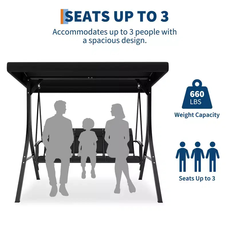 3 Seater Patio Swing Chair - Breathable Fabric Seat and Back, Adjustable Canopy and Armrests, Outdoor Porch Hanging for Patio, Backyard