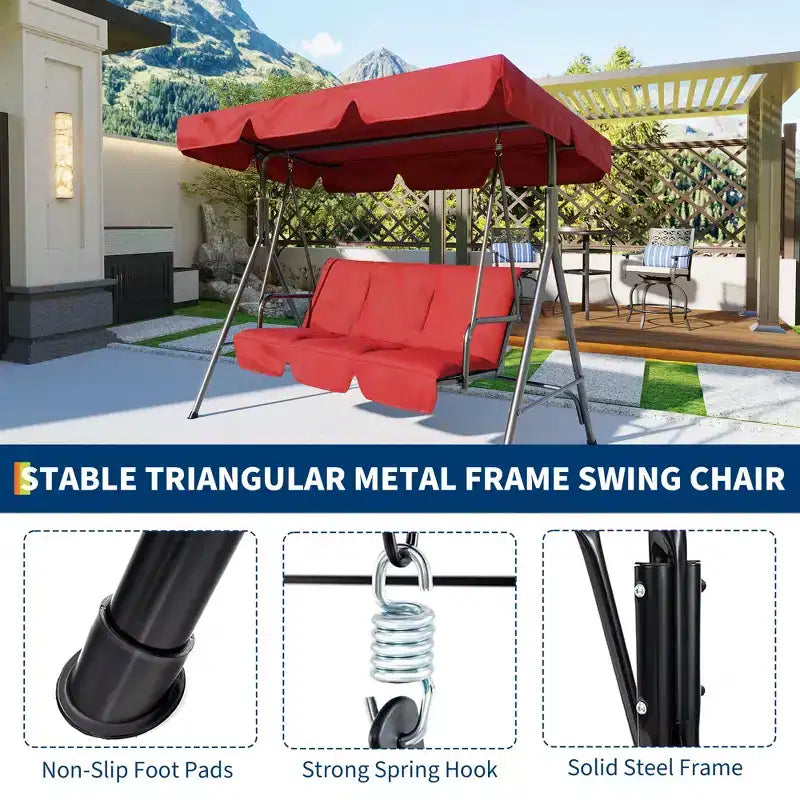 3 Seater Patio Swing Chair - Breathable Fabric Seat and Back, Adjustable Canopy and Armrests, Outdoor Porch Hanging for Patio, Backyard