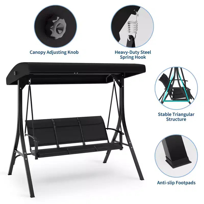 3 Seater Patio Swing Chair - Breathable Fabric Seat and Back, Adjustable Canopy and Armrests, Outdoor Porch Hanging for Patio, Backyard