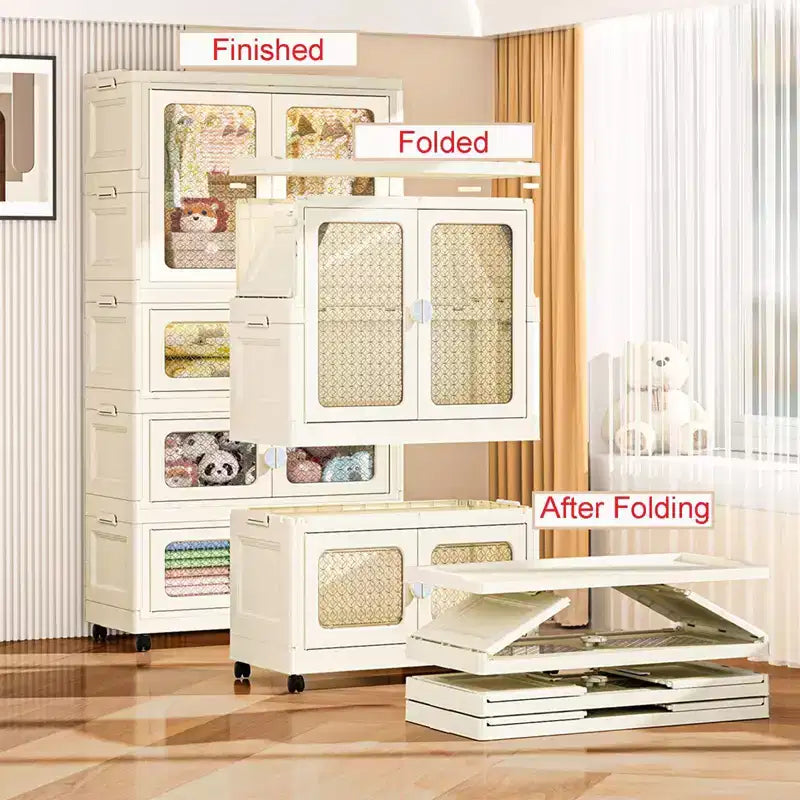 Placard de rangement pour chien empilable avec couvercle pour salon Bacs de rangement pliables à roulettes Armoire à 2 niveaux avec portes transparentes