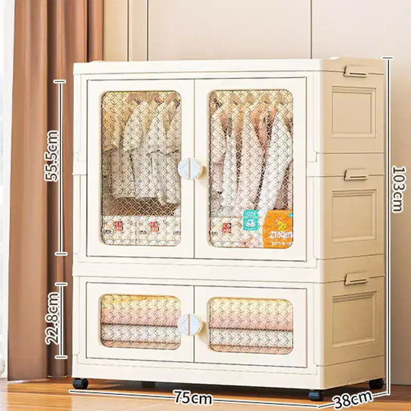 Placard de rangement pour chien empilable avec couvercle pour salon Bacs de rangement pliables à roulettes Armoire à 2 niveaux avec portes transparentes