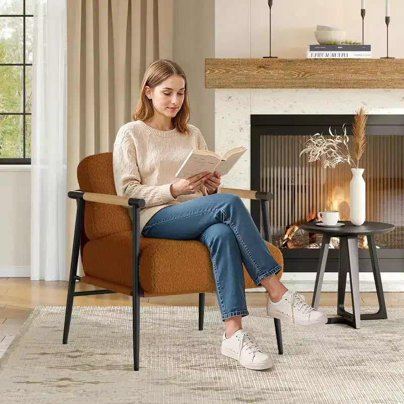 Modern Accent Chair, Cozy Reading Chair Upholstered in Plush 420g Fabric, with Spring Foam Cushion, for Bedroom and Living Room, Brown
