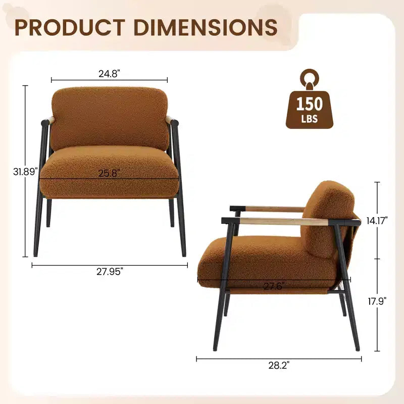 Modern Accent Chair, Cozy Reading Chair Upholstered in Plush 420g Fabric, with Spring Foam Cushion, for Bedroom and Living Room, Brown