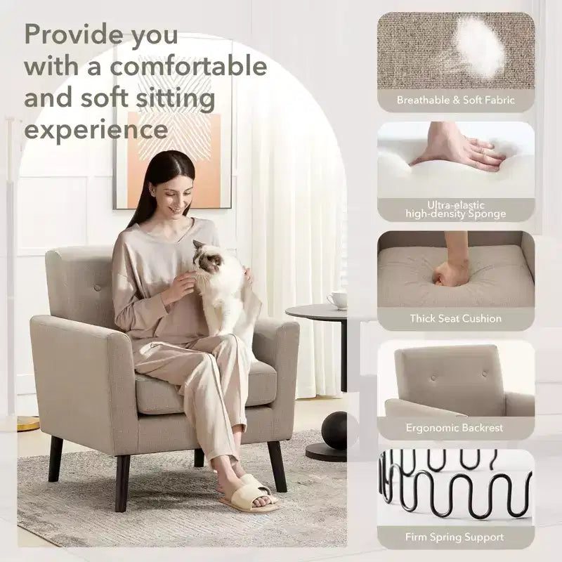 CuisinSmart Living Room Upholstered Armchair, Modern Upholstered Fabric Accent Armchair with Wood Legs&Thicker Seat Cushion for Bedroom Office