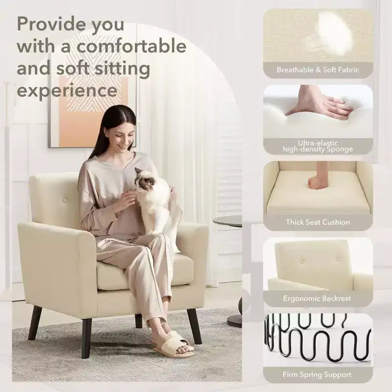 CuisinSmart Living Room Upholstered Armchair, Modern Upholstered Fabric Accent Armchair with Wood Legs&Thicker Seat Cushion for Bedroom Office