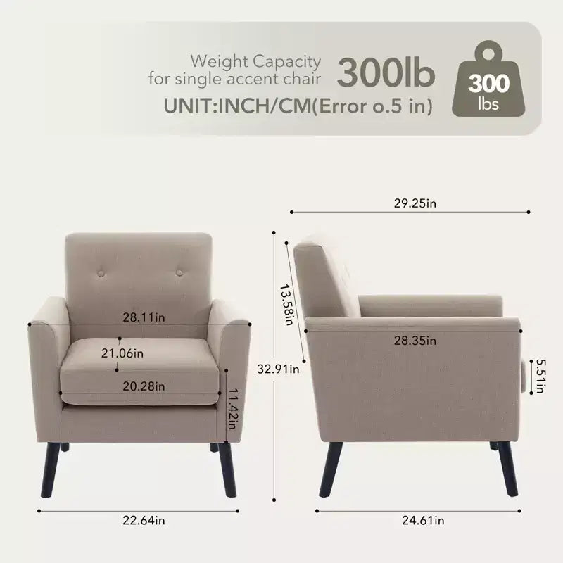 CuisinSmart Living Room Upholstered Armchair, Modern Upholstered Fabric Accent Armchair with Wood Legs&Thicker Seat Cushion for Bedroom Office