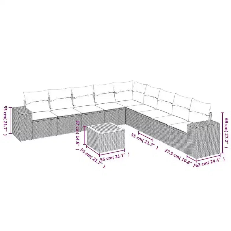vidaXL Salon de jardin 10 pcs avec coussins, Résine tressée Noir et crème