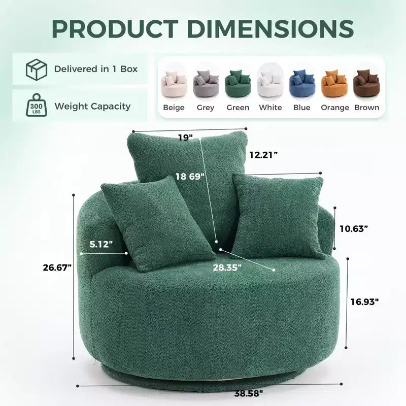 Fauteuil pivotant moderne Okak, fauteuil de canapé rembourré avec 3 coussins décoratifs, fauteuil crapaud d'appoint pour salon, chambre, bureau
