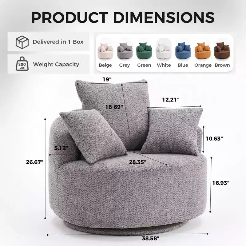 Fauteuil pivotant moderne Okak, fauteuil de canapé rembourré avec 3 coussins décoratifs, fauteuil crapaud d'appoint pour salon, chambre, bureau