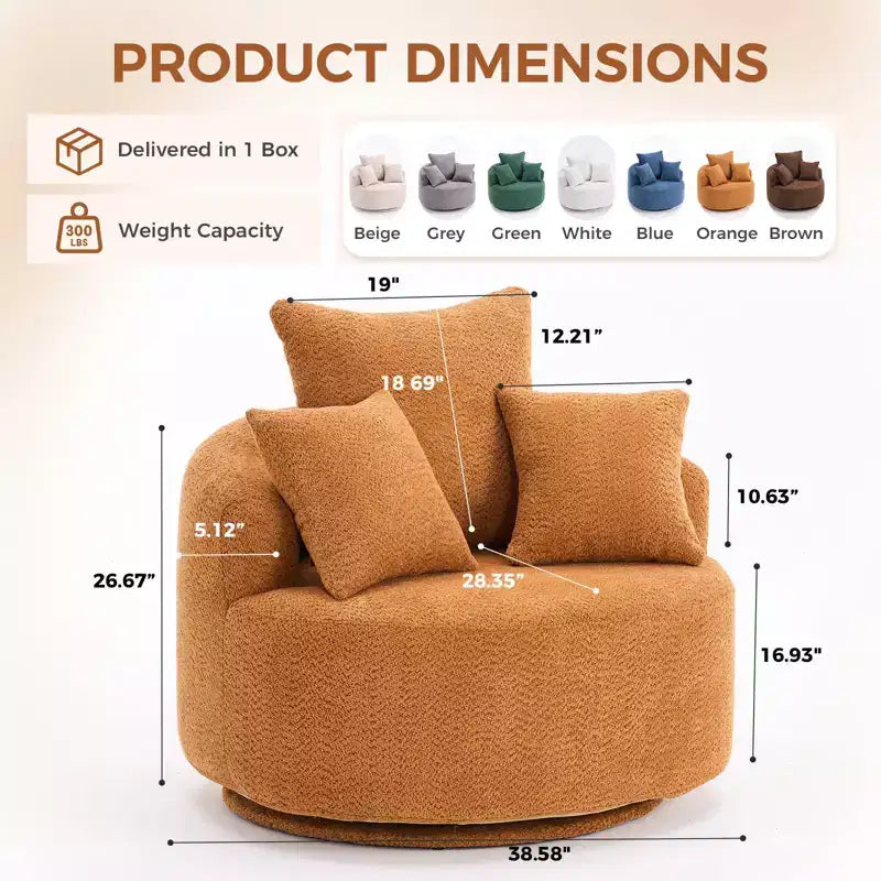 Fauteuil pivotant moderne Okak, fauteuil de canapé rembourré avec 3 coussins décoratifs, fauteuil crapaud d'appoint pour salon, chambre, bureau