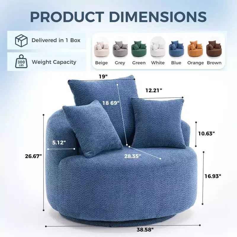 Fauteuil pivotant moderne Okak, fauteuil de canapé rembourré avec 3 coussins décoratifs, fauteuil crapaud d'appoint pour salon, chambre, bureau