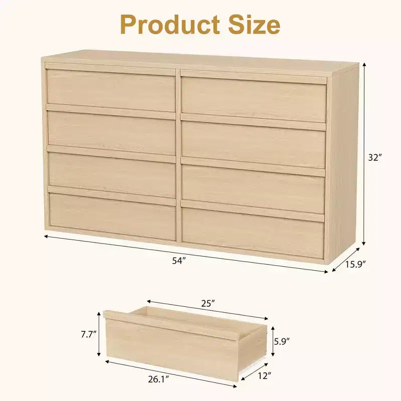 Commode 8 tiroirs pour chambre à coucher, 137 cm de large, chêne naturel, grand espace de rangement, organiseur de commode en bois pour salon, chambre d'enfant, entrée