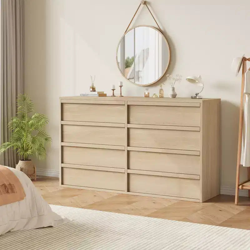 Commode 8 tiroirs pour chambre à coucher, 137 cm de large, chêne naturel, grand espace de rangement, organiseur de commode en bois pour salon, chambre d'enfant, entrée