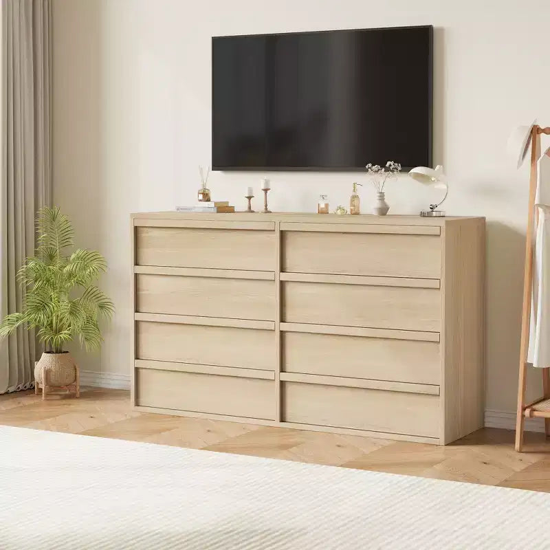 Commode 8 tiroirs pour chambre à coucher, 137 cm de large, chêne naturel, grand espace de rangement, organiseur de commode en bois pour salon, chambre d'enfant, entrée