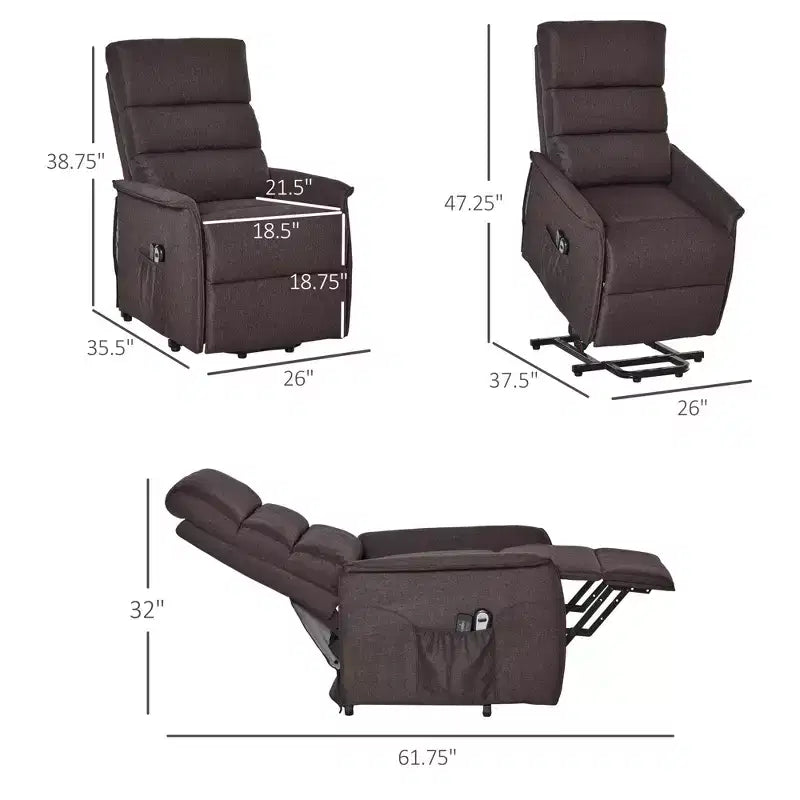 Fauteuil élévateur électrique avec massage vibrant, fauteuil inclinable rembourré en tissu pour personnes âgées avec télécommande et poches latérales, marron